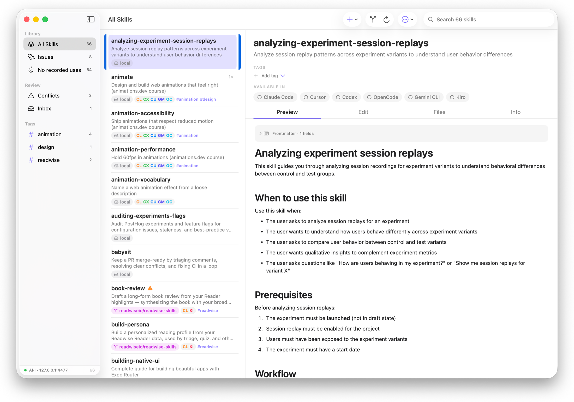 Skill Library: sidebar with tags and review queues, skill list, and a skill's rendered SKILL.md with per-tool toggles